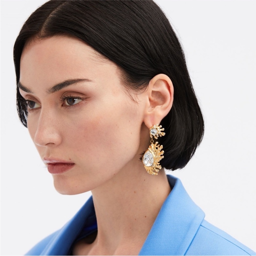 Oscar de la Renta • Gold & Crystal Cactus Drop Post Earrings - Picture 2 of 6